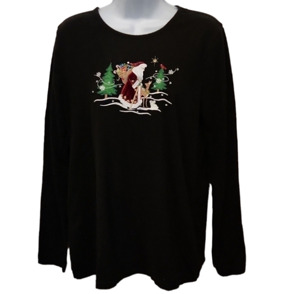 Santa Scene Embroidered Long Sleeve Christmas T-shirt